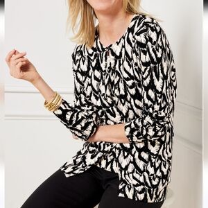 Talbots Charming Black White Gathered Feather Lightweight Sweater Cardigan SZ XL